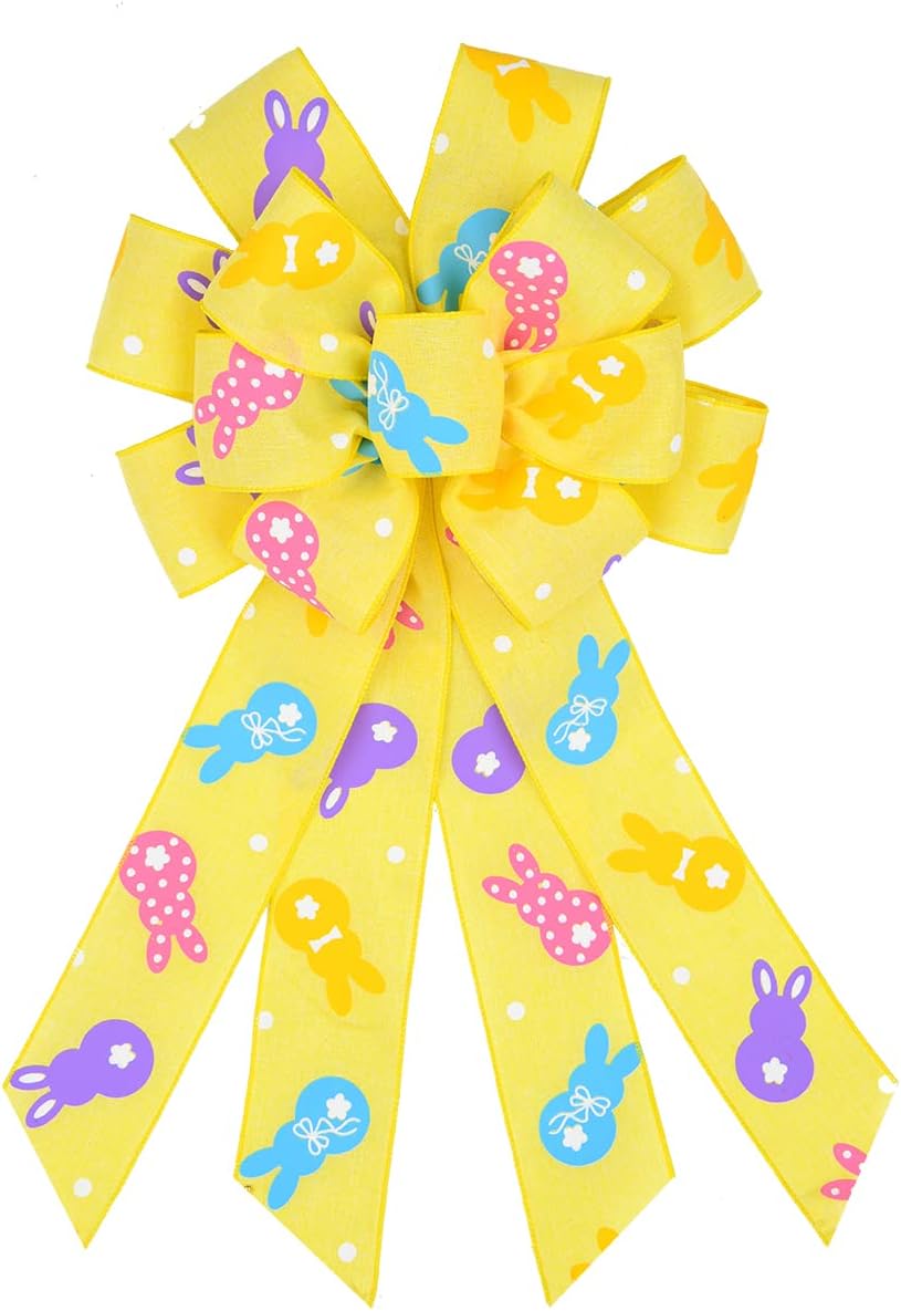 Large Easter Bows for Wreath, Yellow Burlap Ribbon Bow Easter Bunny Wreath Bows Spring Holiday Rabbit Tree Topper Bows for Front Door Easter Party Decorations Supplies