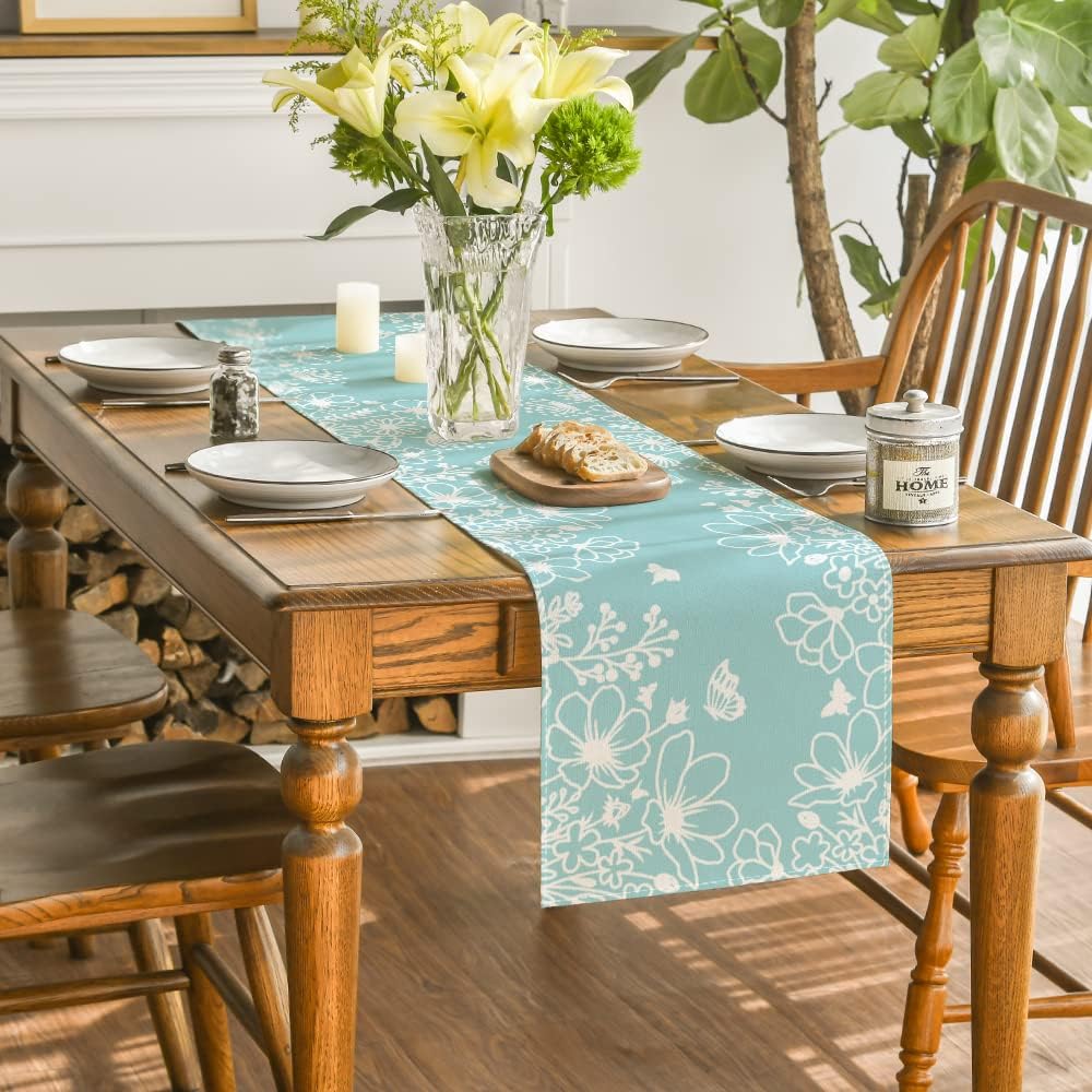 Blue Bloom Flowers Butterfly Spring Table Runner, Seasonal Holiday Kitchen Dining Table Decoration for Home Party Indoor 13x72 Inch