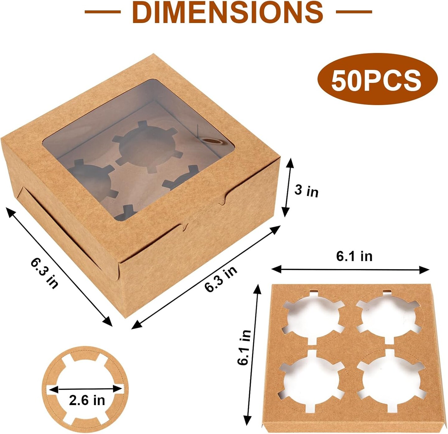 50 PCS Cupcake Boxes with Window Cupcake Containers 4 Count, Cookie Boxes 6x6x3 Inch, Bakery Pastry Cake Dessert Treat Boxes with Stickers &#x26; Jute Twine