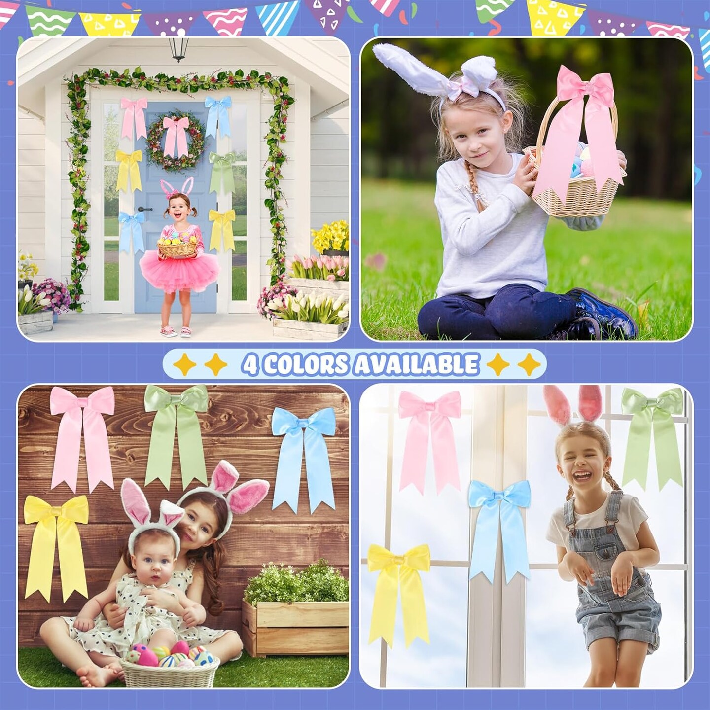 4 Pcs Easter Spring Wreath Bow 9.5x16 Inches Large Colorful Ribbon Premade Bows for Gifts Basket Pink Yellow Blue Green Favor for Door Tree Topper Wall Indoor Outdoor DIY Crafts Decor