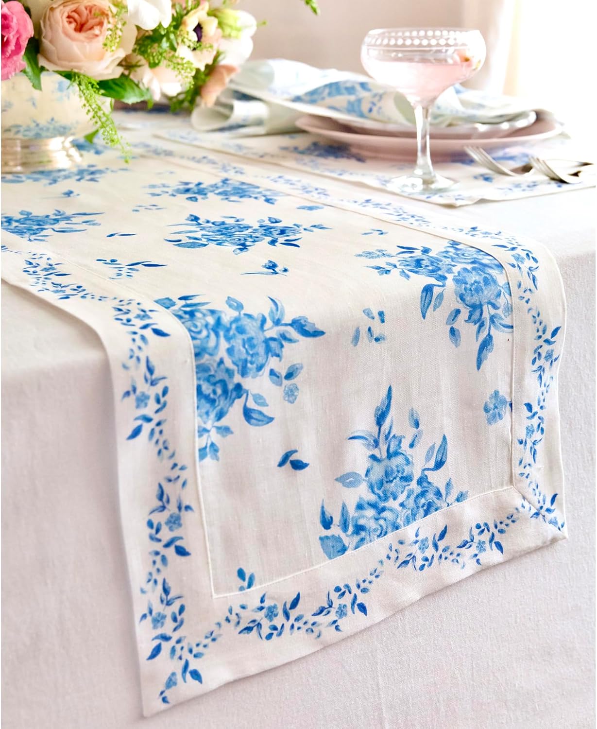Blue Floral Linen Table Runner 14x48” – Handcrafted, Machine Washable