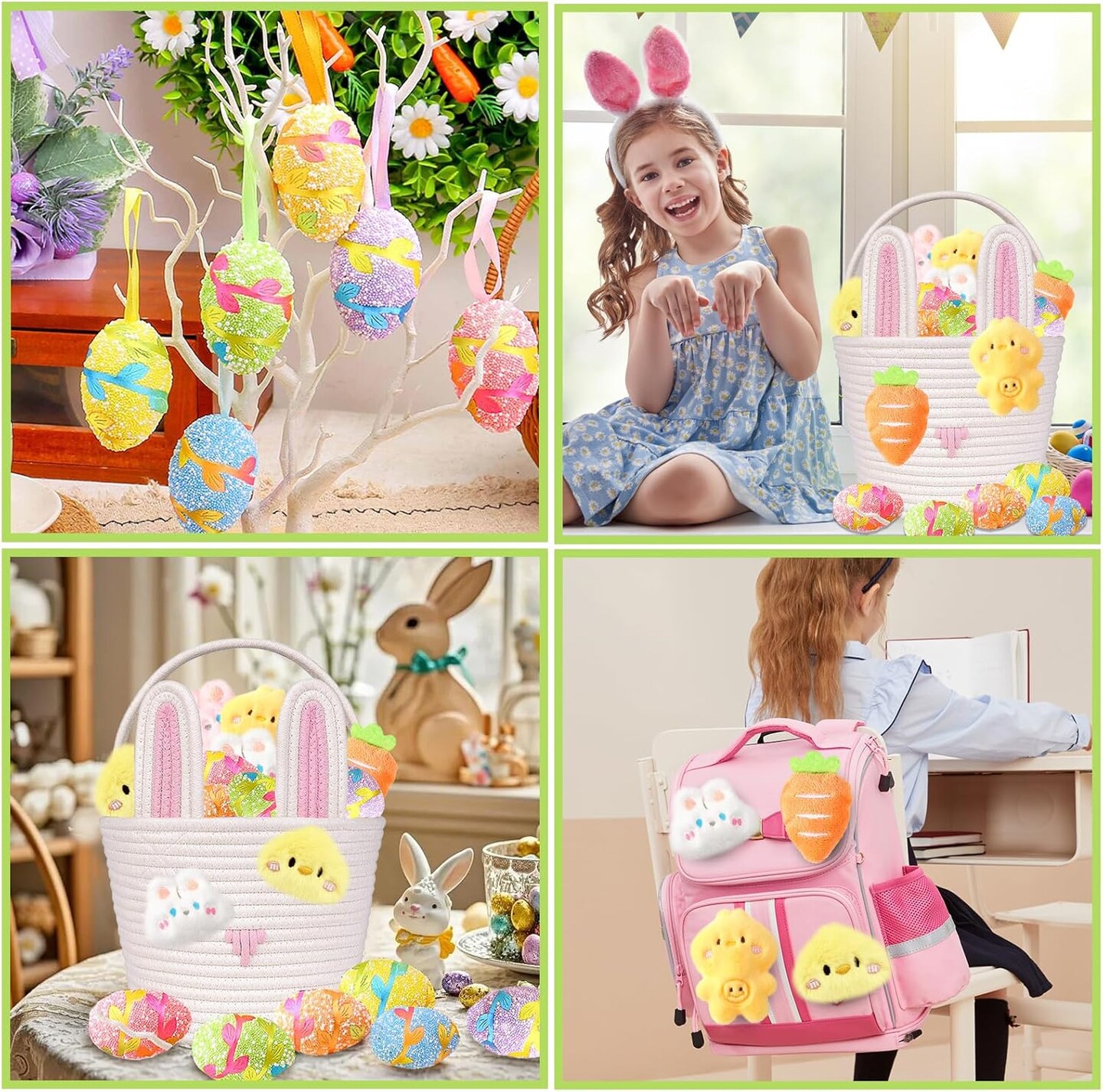 Easter Basket for Kids Easter Bunny Woven Basket with Rabbit Ears, Bunny Egg Hunting Bag with Cute Rabbit Chicken Carrot Plush Decorations for Girls Boys Spring Presents