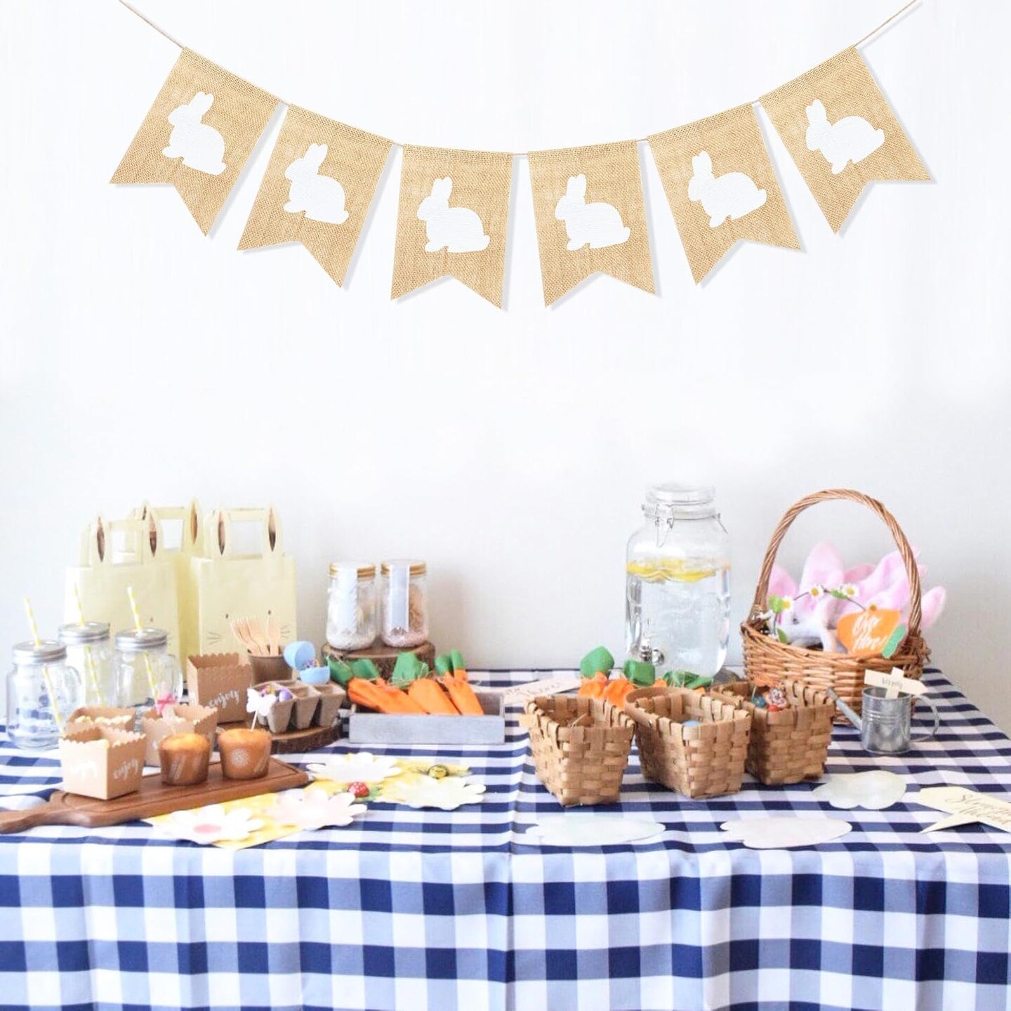 Rabbit Banner Burlap Easter Decorations Garland Bunny Bunting Home Decor for Mantle Fireplace Rustic Spring Themed Baby Shower Birthday Party Supplies