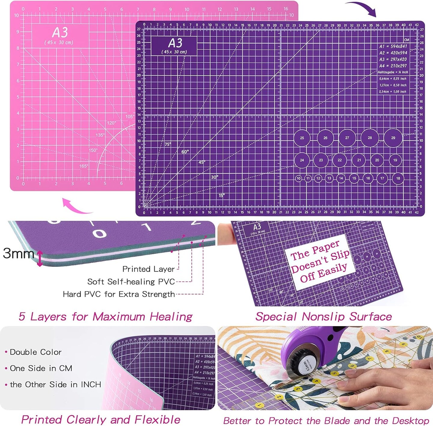 Rotary Cutter Set,Sewing Quilting Supplies,45mm Fabric Cutters,A3 Cutting Mat for Sewing,Acrylic Rulers,Scissors,Exacto Knife,Clips,Beginners Sewing Accessories,Fabric Cutter Kit