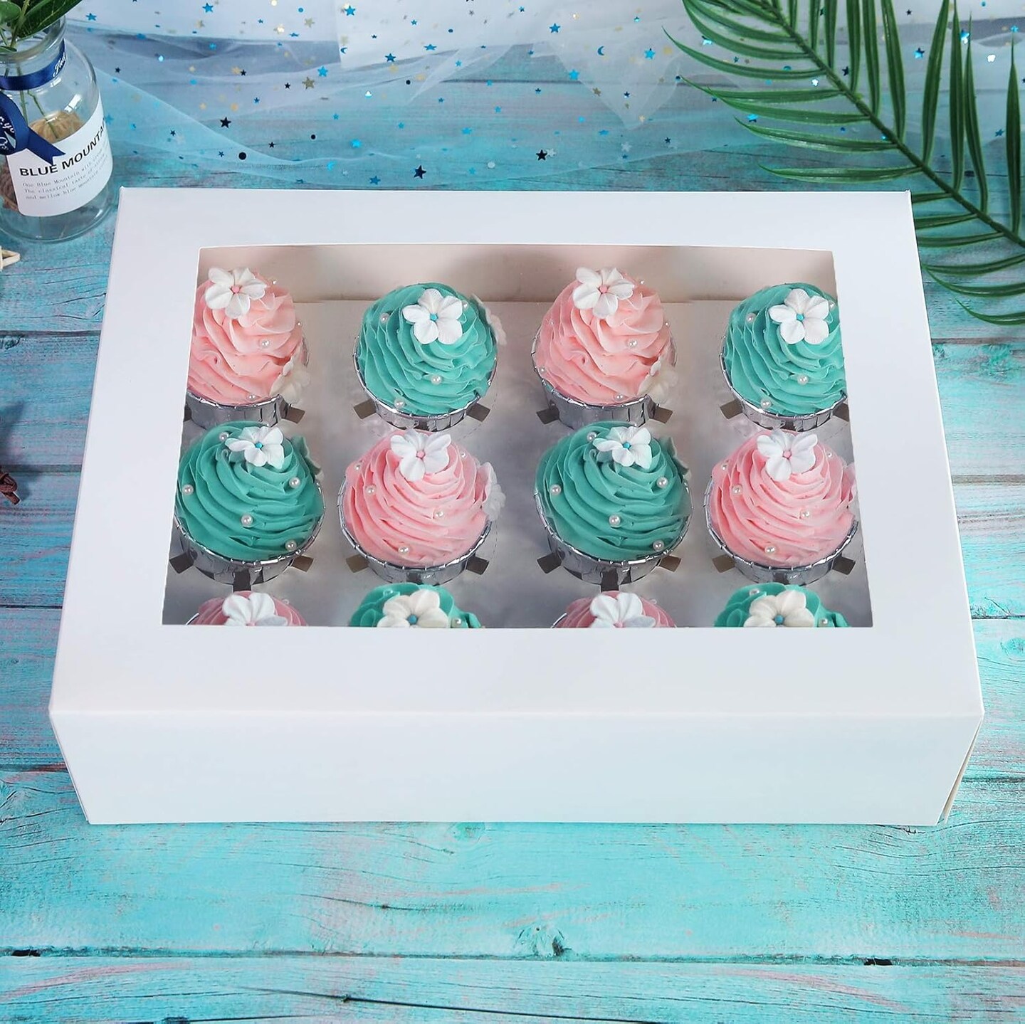 15-Pack White Cupcake Boxes 12 Holders Cake Carrier Food Grade Pop-up Bakery Boxes 13.8 x 9.5 x 4inch with Inserts and PVC Windows Fits 12 Cavity Cupcake Pack of 15