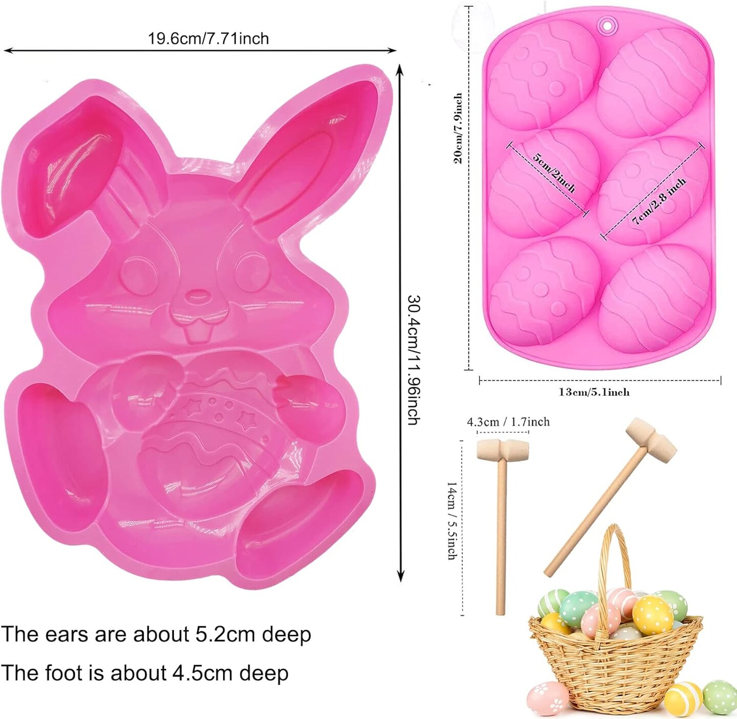 3Pcs Large Bunny Mold Easter Egg Mold, 3D Rabbit Bunny Easter Egg Shape Silicone Mold Easter Bunny Cake Mold Chocolate Egg Mold Silicone Baking Mould for Candy Jello Cocoa Bombs with 2 Wooden Hammers