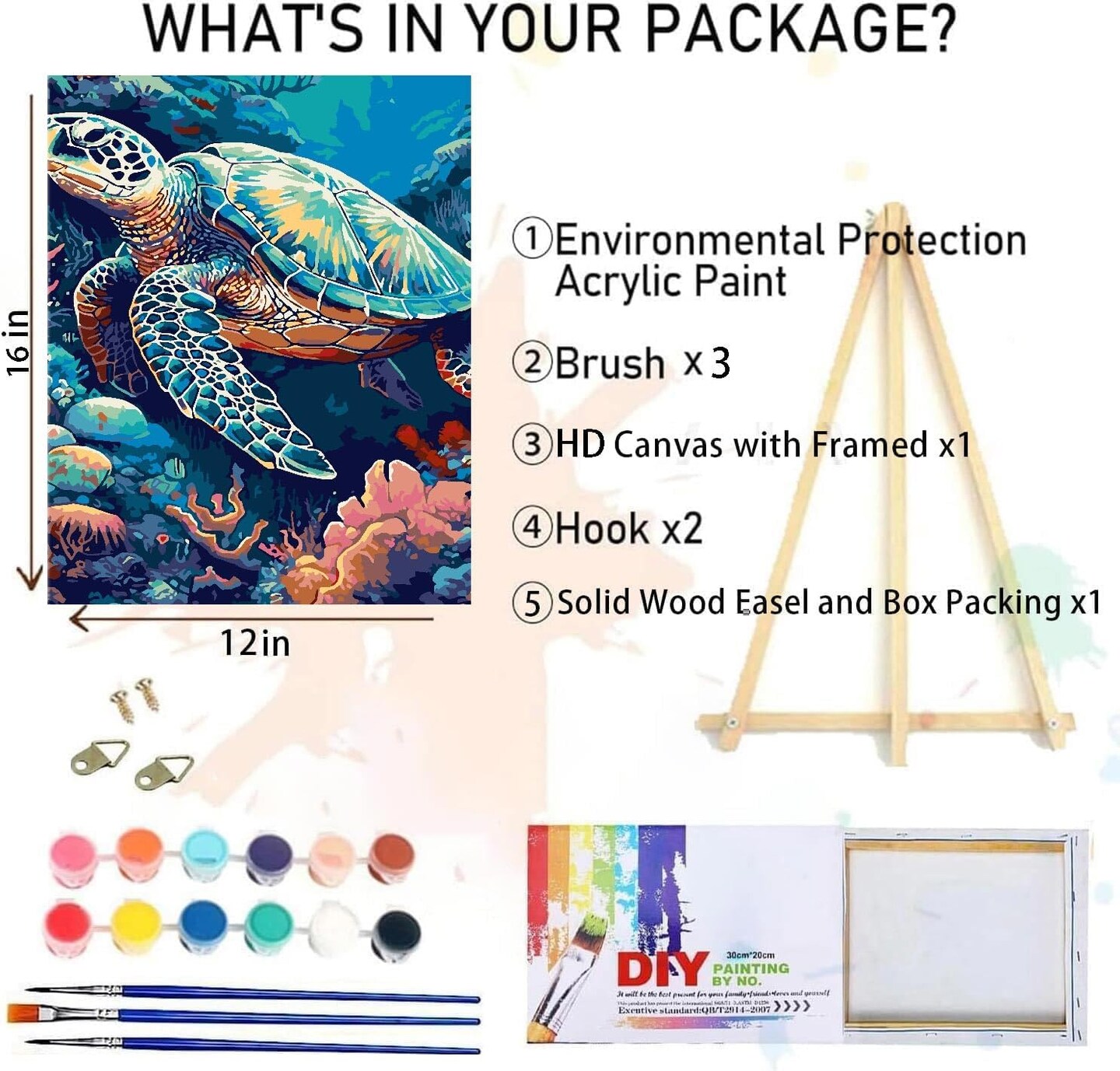 Sea Turtle Paint by Numbers Kit 12x16” – DIY Canvas with Wooden Frame for Adults