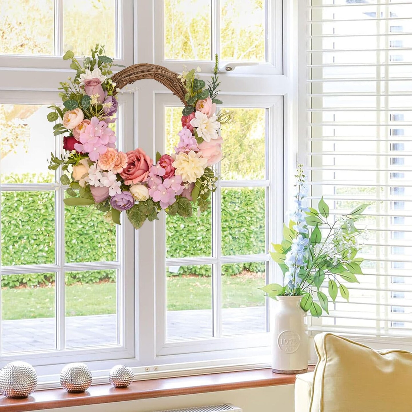 Spring Wreaths for Front Door, 16 Inch Spring Wreath, Summer Door Wreaths for Front Door, Peony Roses Flower Outside All Season Wall Wedding Home Decor