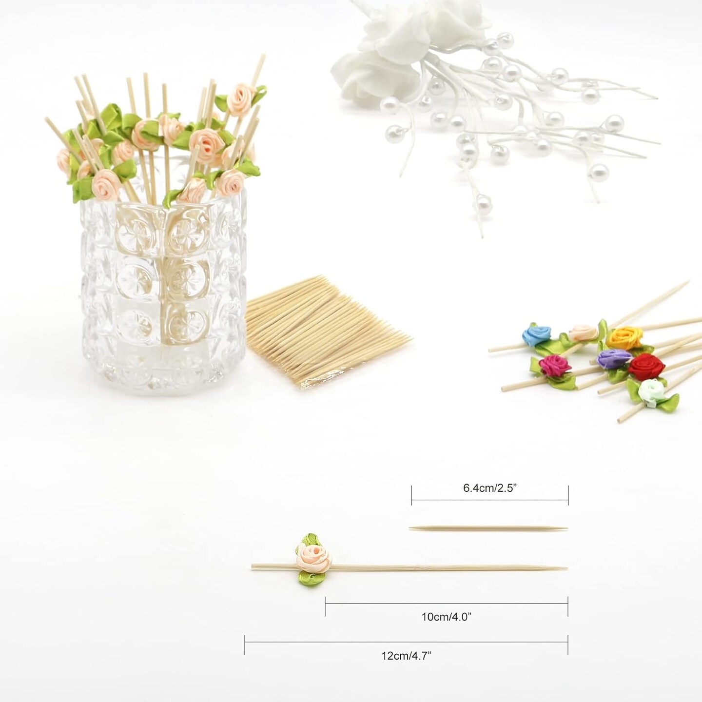 Pink Rose Flower Cocktail Picks, 4.7 Inch Long Bamboo Fancy Toothpicks for Appetizers, Decorative Bridal Shower Wedding Valentines Party Food Drinks Fruit Skewer Sticks 100 Counts - MSL222