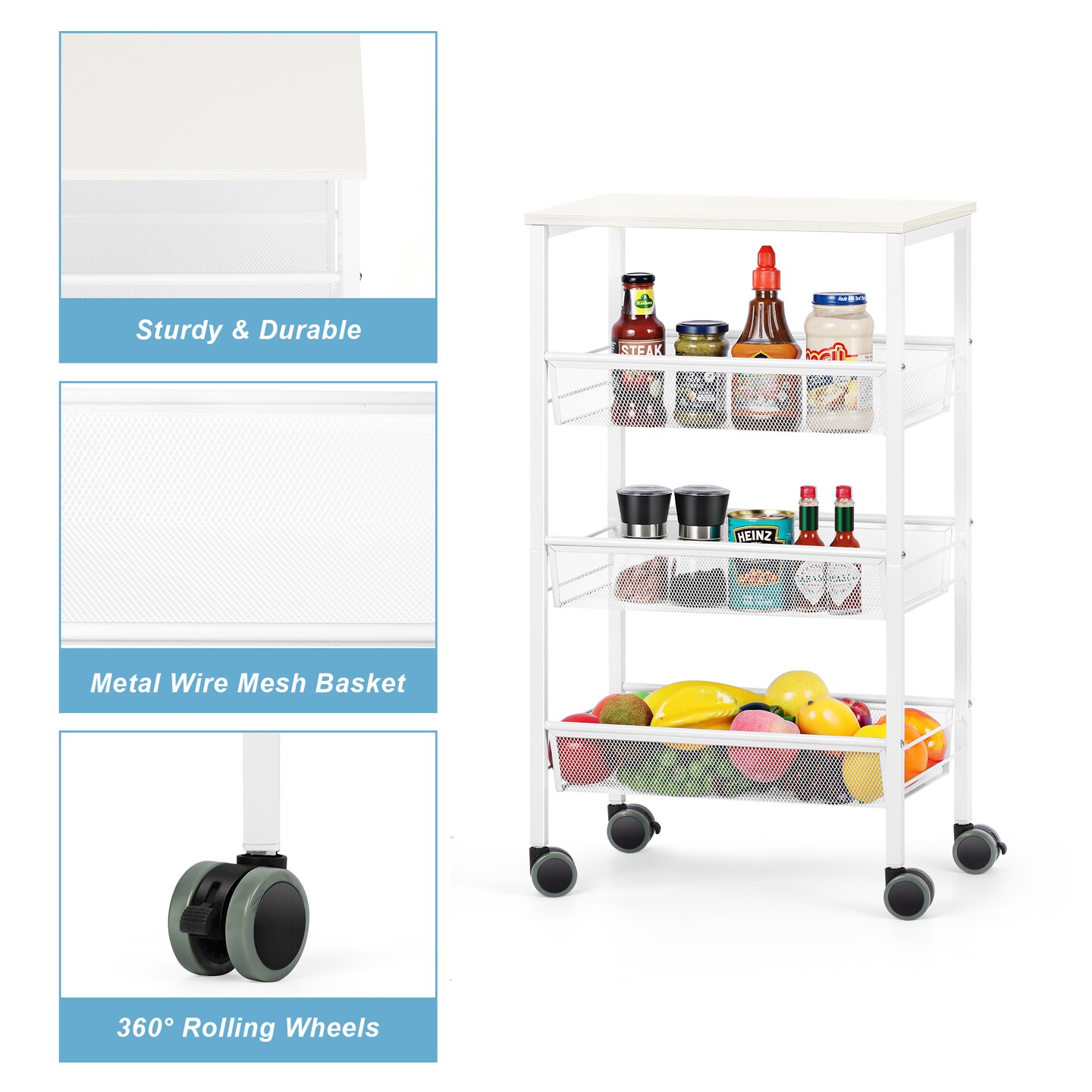 4 Tier Utility Rolling Cart on Wheels Serving Cart with Storage Organizer White