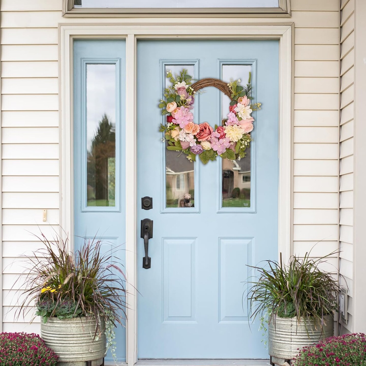 Spring Wreaths for Front Door, 16 Inch Spring Wreath, Summer Door Wreaths for Front Door, Peony Roses Flower Outside All Season Wall Wedding Home Decor