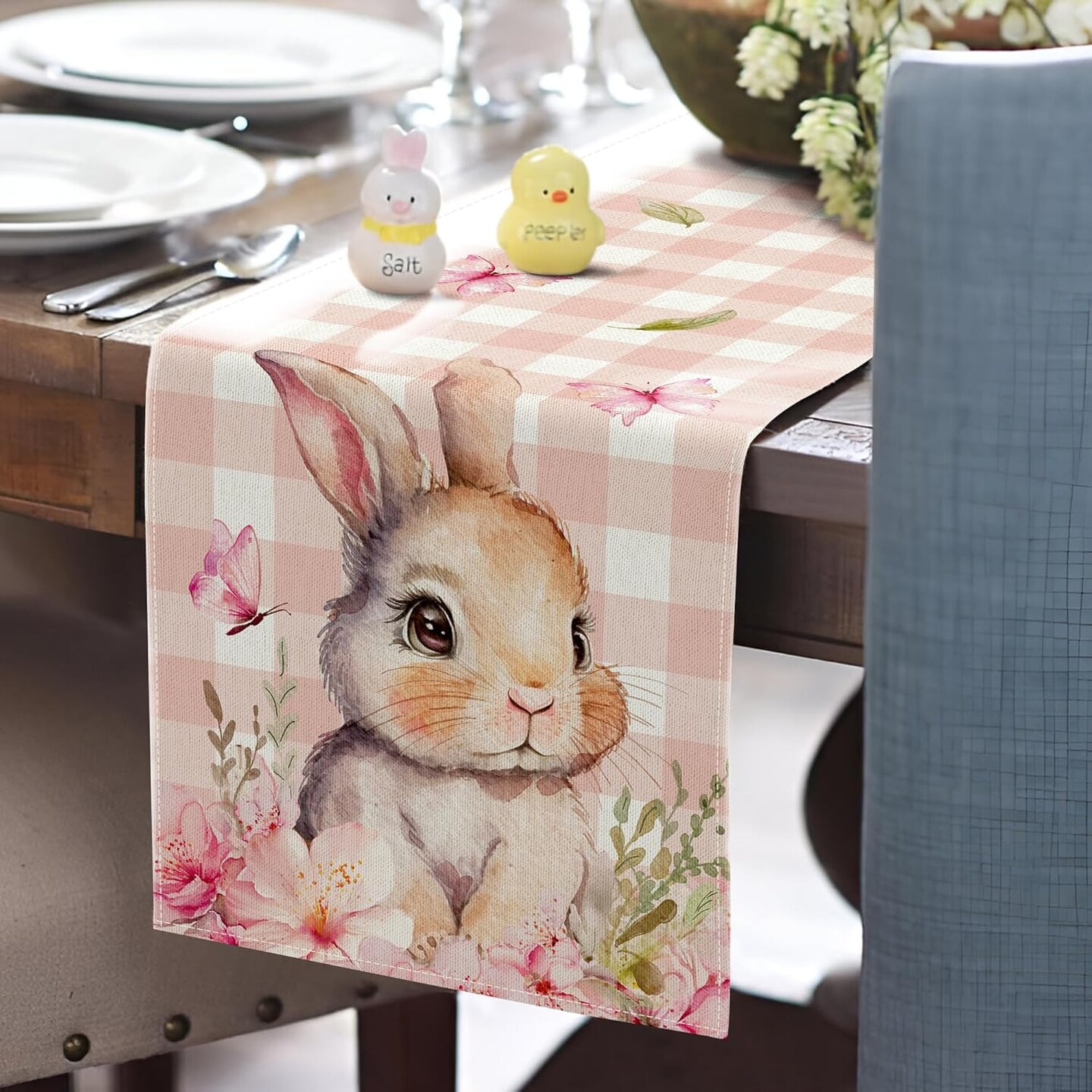 Easter Table Runner 2-Ply (13&#x22;x72&#x22;) - Pink Buffalo Plaid Bunny Runner Design - Spring Table Decorations for Indoor &#x26; Outdoor Home Party Decor - Easter Party Decoration Supplies