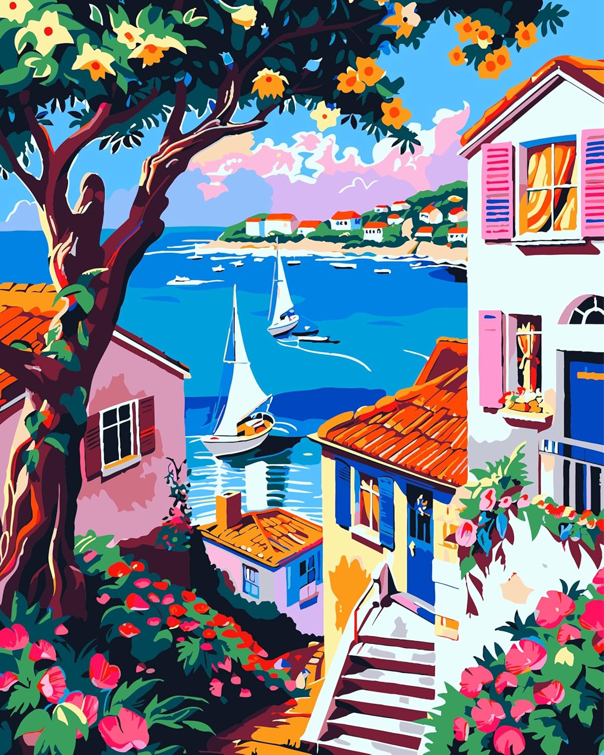 Paint by Numbers for Adults Beginner Seaside Village, Flower Oil Painting Canvas Kits with 3 Pcs Brushes, Easy Number Painting for Adults for Home Wall Art Decor (16x20inch)