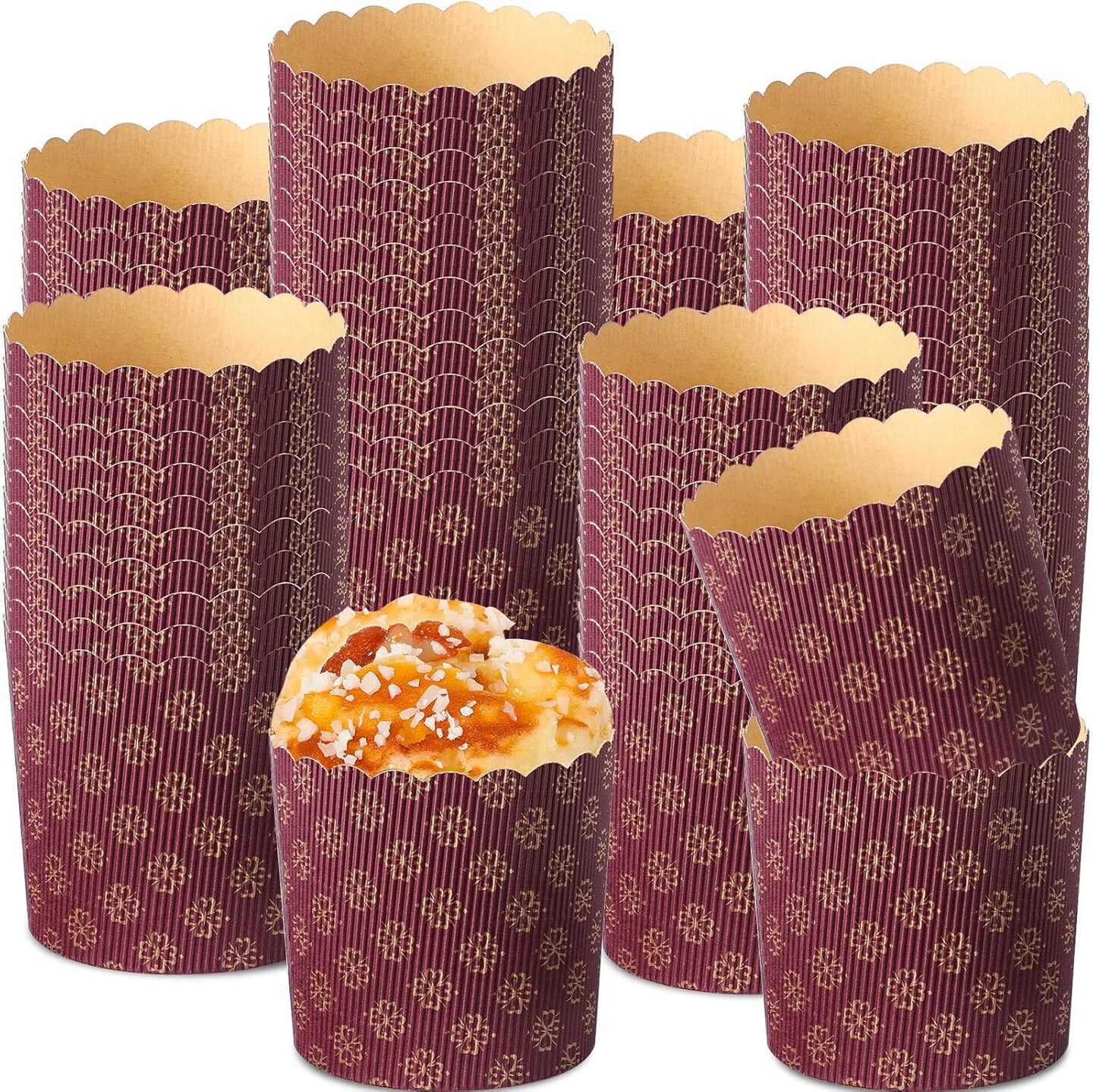 24 Pcs Easter Panettone Paper Pan Mold Corrugated Form for Cakes Bread Round Paper Baking Molds for Kitchen Muffin Cupcake Kulich Paska, Brown (12 oz)