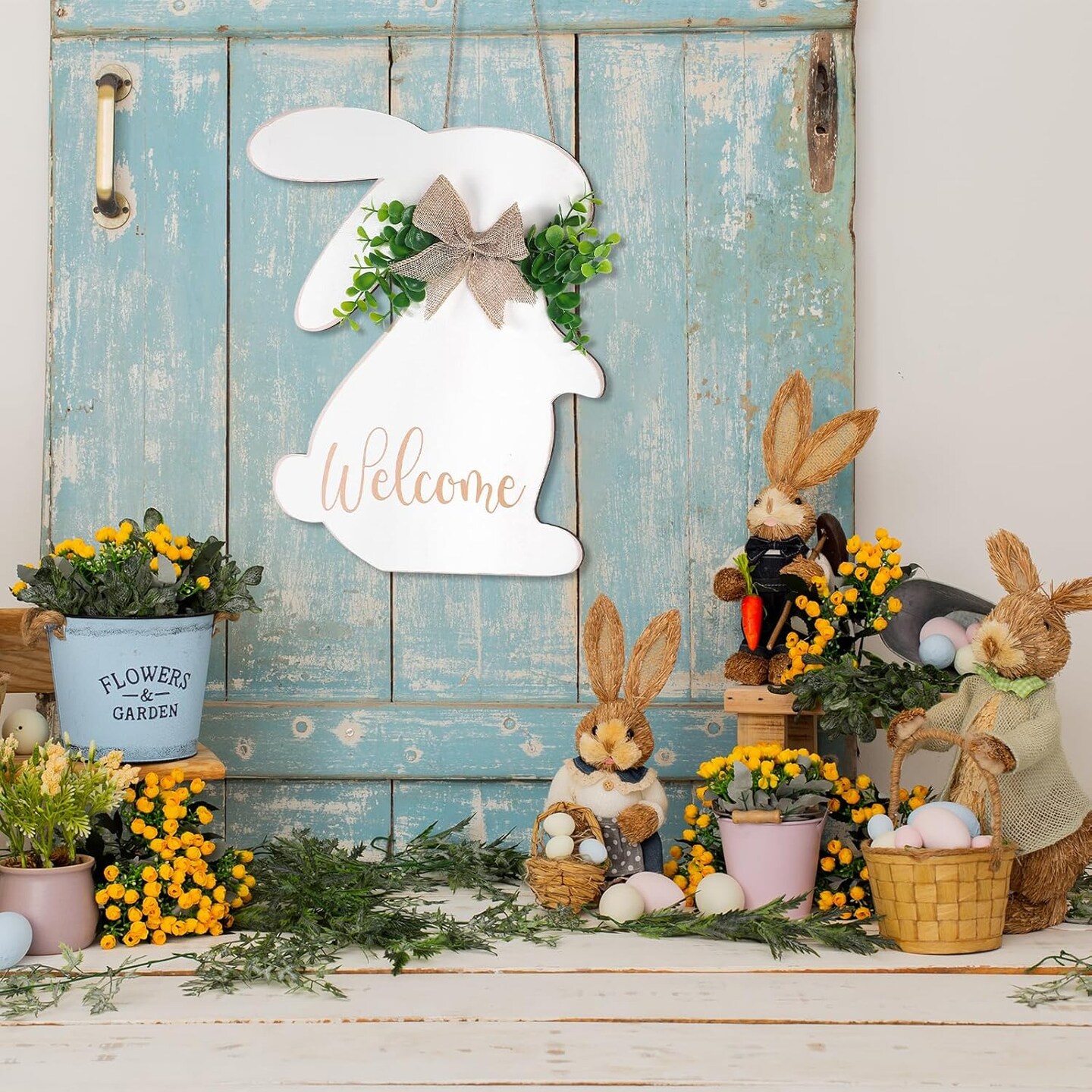 Easter Decorations Door Sign, Wooden Rustic Welcome Easter Front Door Hanger, White Easter Bunny Wreath Hanging For Spring Wall Home Farmhouse Indoor Outdoor Decor (Bunny)