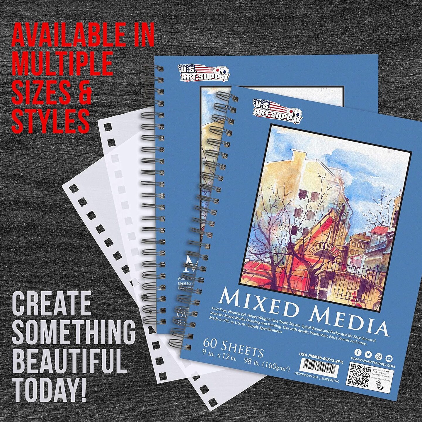 9&#x22; x 12&#x22; Mixed Media Paper Pad Sketchbook, 2 Pack, 60 Sheets, 98 lb (160 gsm) - Spiral-Bound, Perforated, Acid-Free - Artist Sketching, Drawing, Painting Watercolor, Acrylic, Wet &#x26; Dry