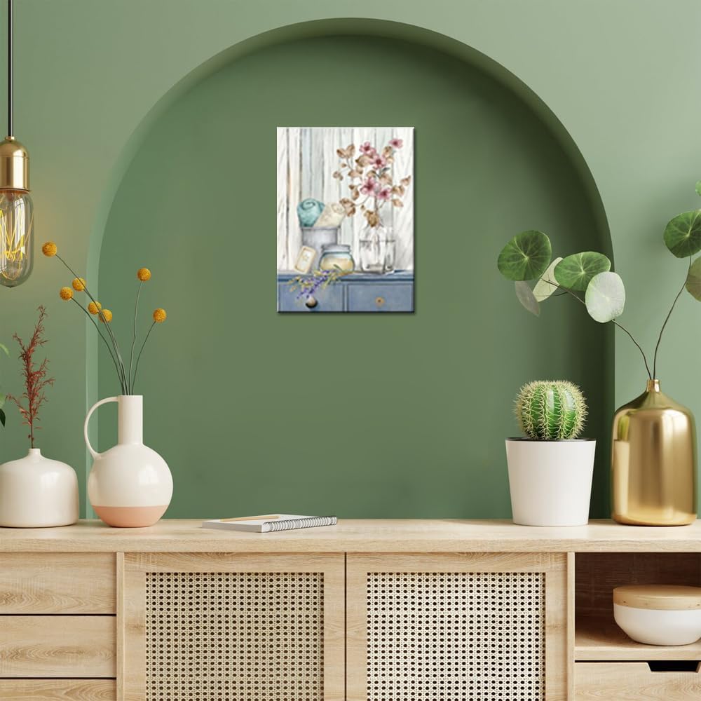 Bathroom Decor Wall Art Farmhouse Flower Pictures Laundry Room Bathroom Wall Decor Pink Poppy Vase Canvas Prints Blue White Painting Framed Artwork
