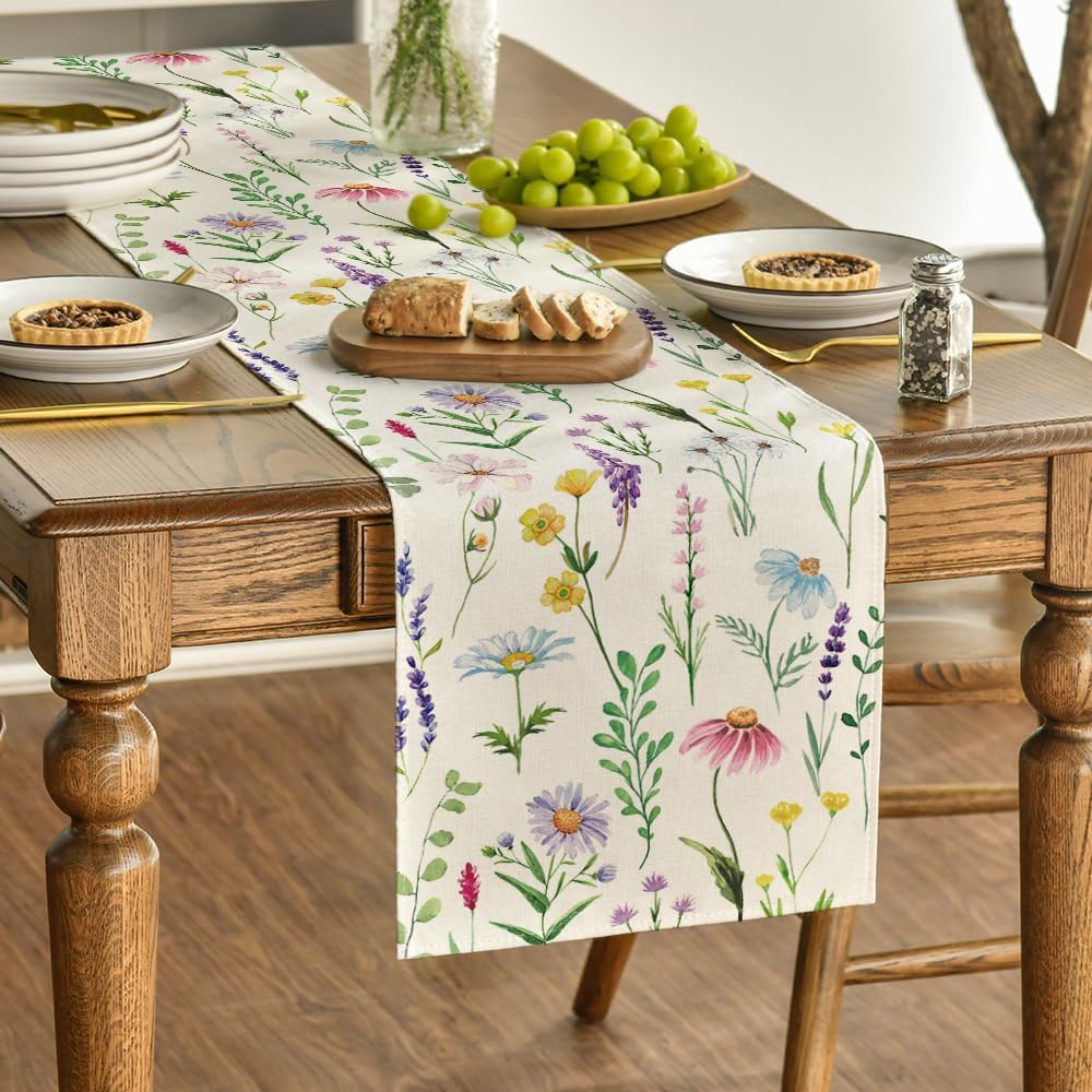 Wildflowers Floral Eucalyptus Spring Table Runner, Seasonal Summer Kitchen Dining Table Decoration for Home Party Decor 13x72 Inch