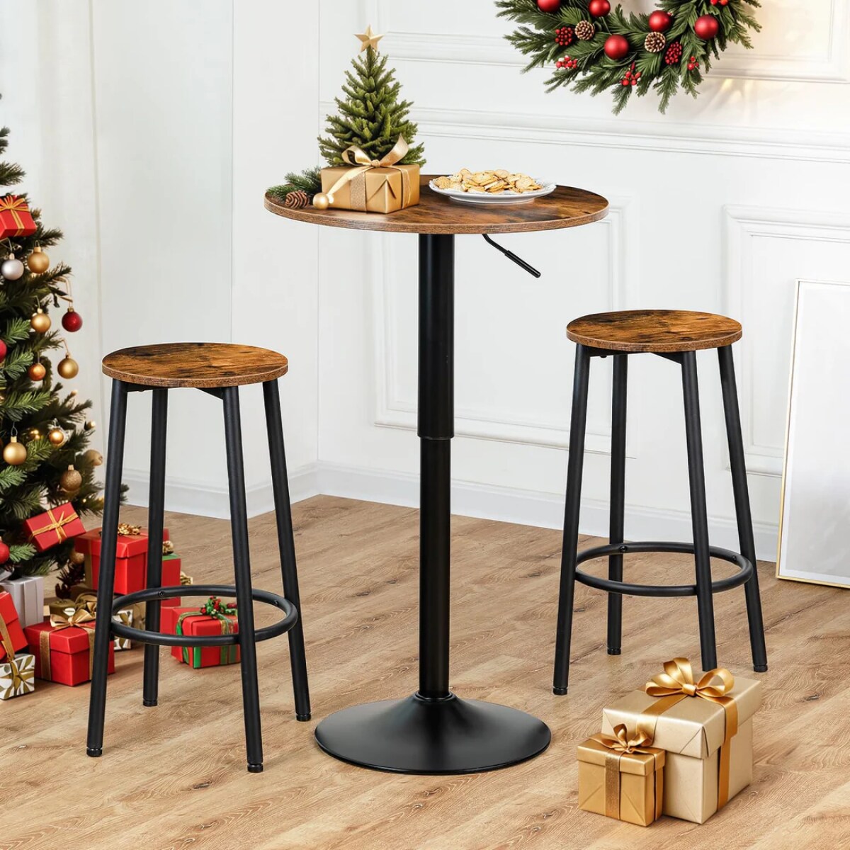 Brown Adjustable Bar Table, Round Bistro Table for Home and Cafe