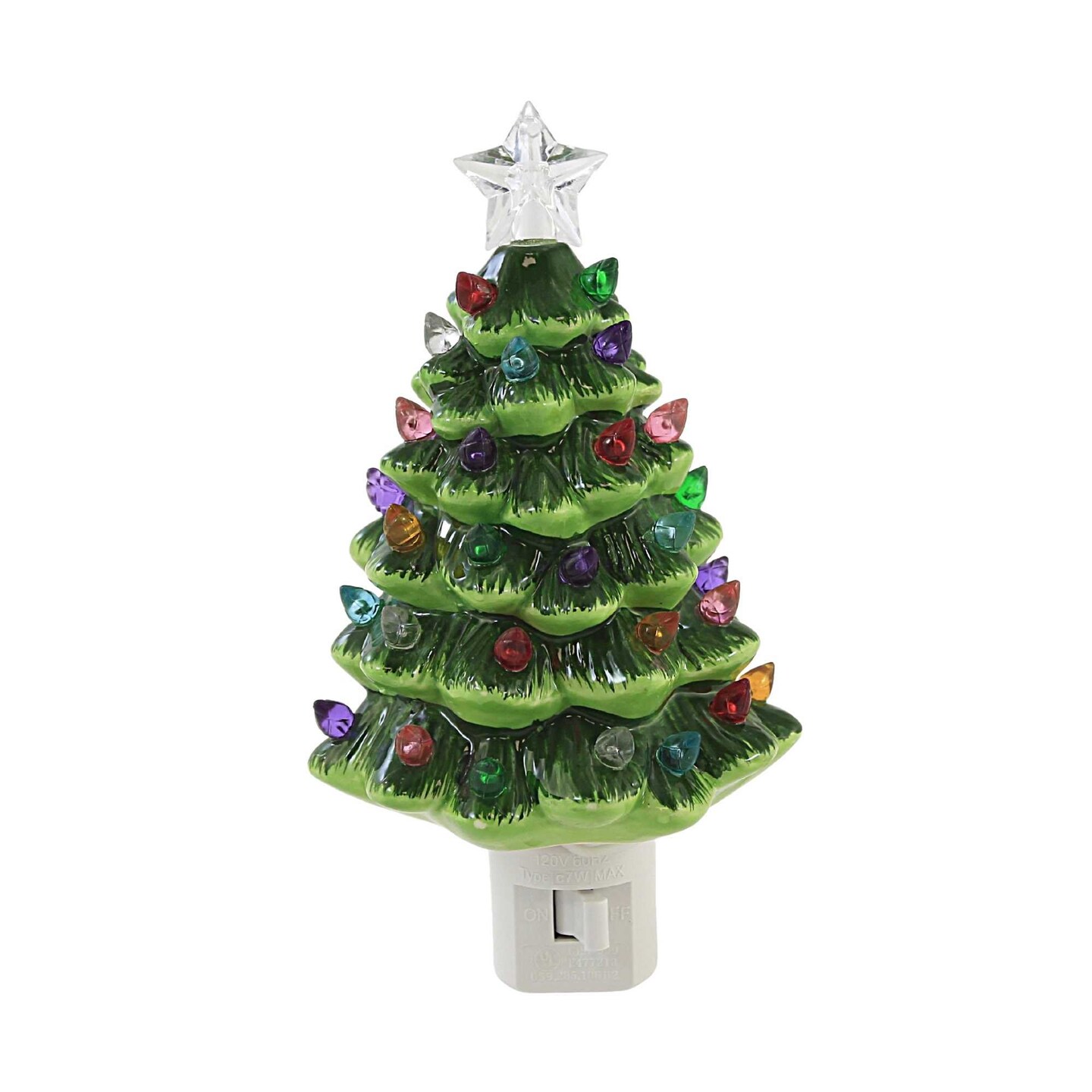 Roman Christmas Tree Nightlight, Plug In Nostalgic Ceramic Tree Night Light with Star and Colorful Illuminated Xmas Lights, Green Tree