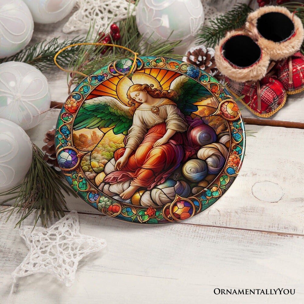 Beautiful Angel Medieval Stained Glass Themed Painting Christmas Ornament, Renaissance Italy Gift and Tree Decor