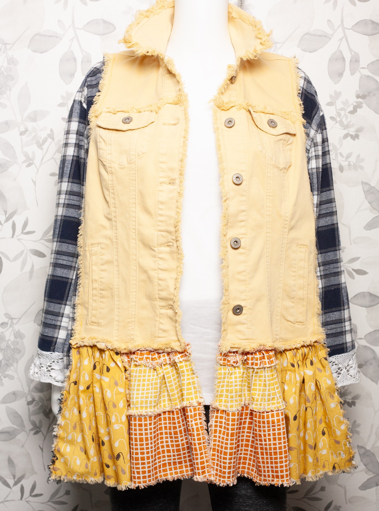 Yellow Fringed Jean Jacket and Flannel Shirt Upcycled Women's Fashion product 5