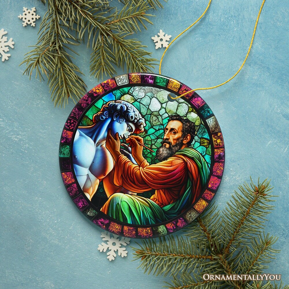 Michelangelo Sculpting David in Stained Glass Themed Christmas Ornament, Renaissance Italy Gift and Decor