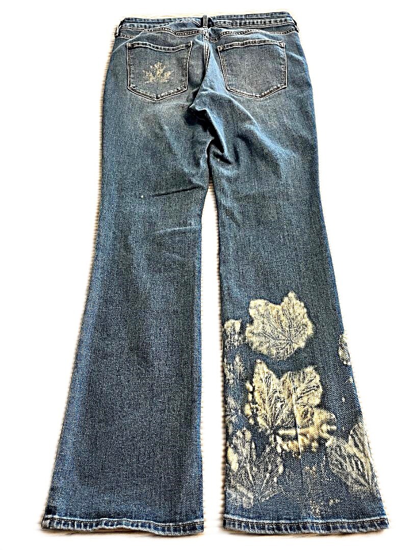 Upcycled Reworked Hand Bleached Womens Boot cut Jeans - leaf