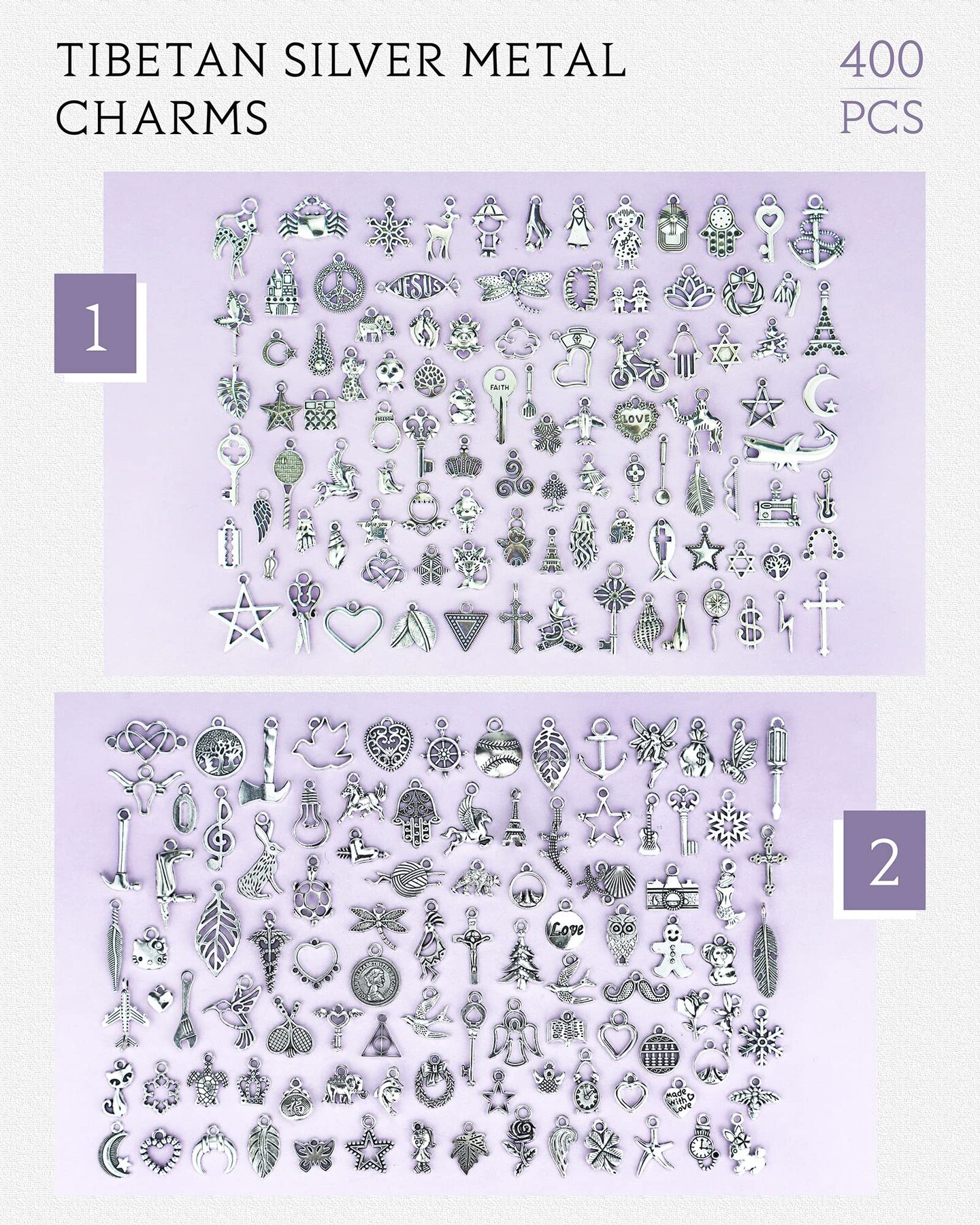 400 PCS Wholesale Bulk Lots Jewelry Making Charms Mixed Smooth Tibetan Silver Alloy Charms Pendants DIY for Bracelet Necklace Jewelry Making and Crafting