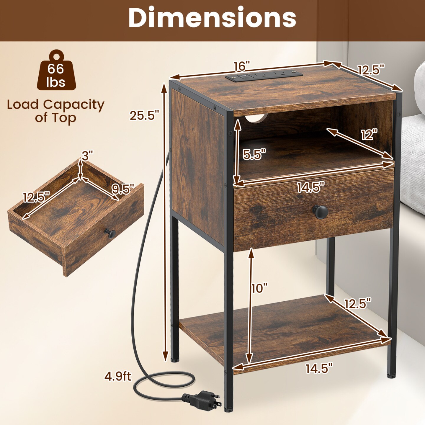 Modern Nightstand with Charging Ports, Drawer & Open Storage Shelf, Carbon Steel Frame Bedside Table with Cable Management for Bedroom Living Room