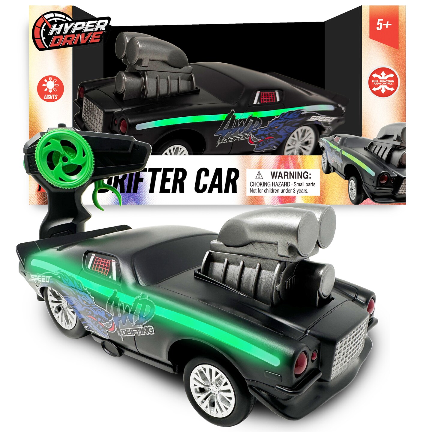 Hyper Drive: RC Drifter Car - Black &#x26; Green - 2.4GHz Remote Control, Street Racer Stunt Vehicle, Multi-Color LED Lights, Drifting Action, Kids 5+