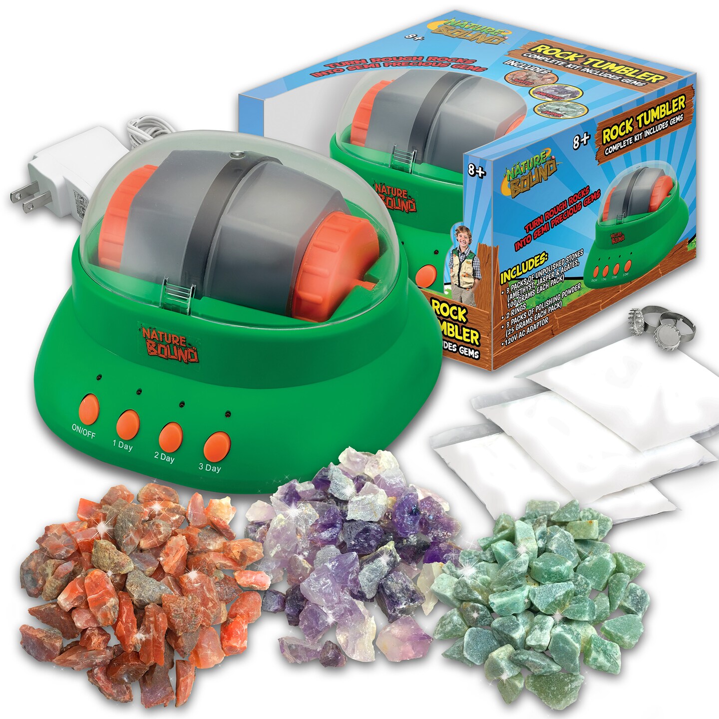 Nature Bound: Rock Tumbler - Starter Kit, Turn Rocks Into Gemstones, Create Jewelry, Amethyst-Jasper-Agates Stones, 2 Rings, Polishing Powder, Kids 8+
