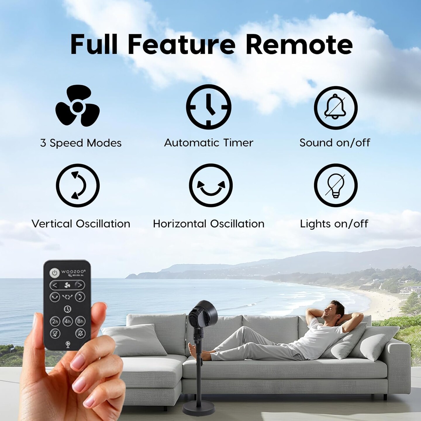 IRIS USA WOOZOO Remote-Controlled Pedestal Fan with 5.9&#x22;, 3D Oscillation, Adjustable Height &#x26; Tilt &#x2013; Quiet 40W AC Motor, LED Display