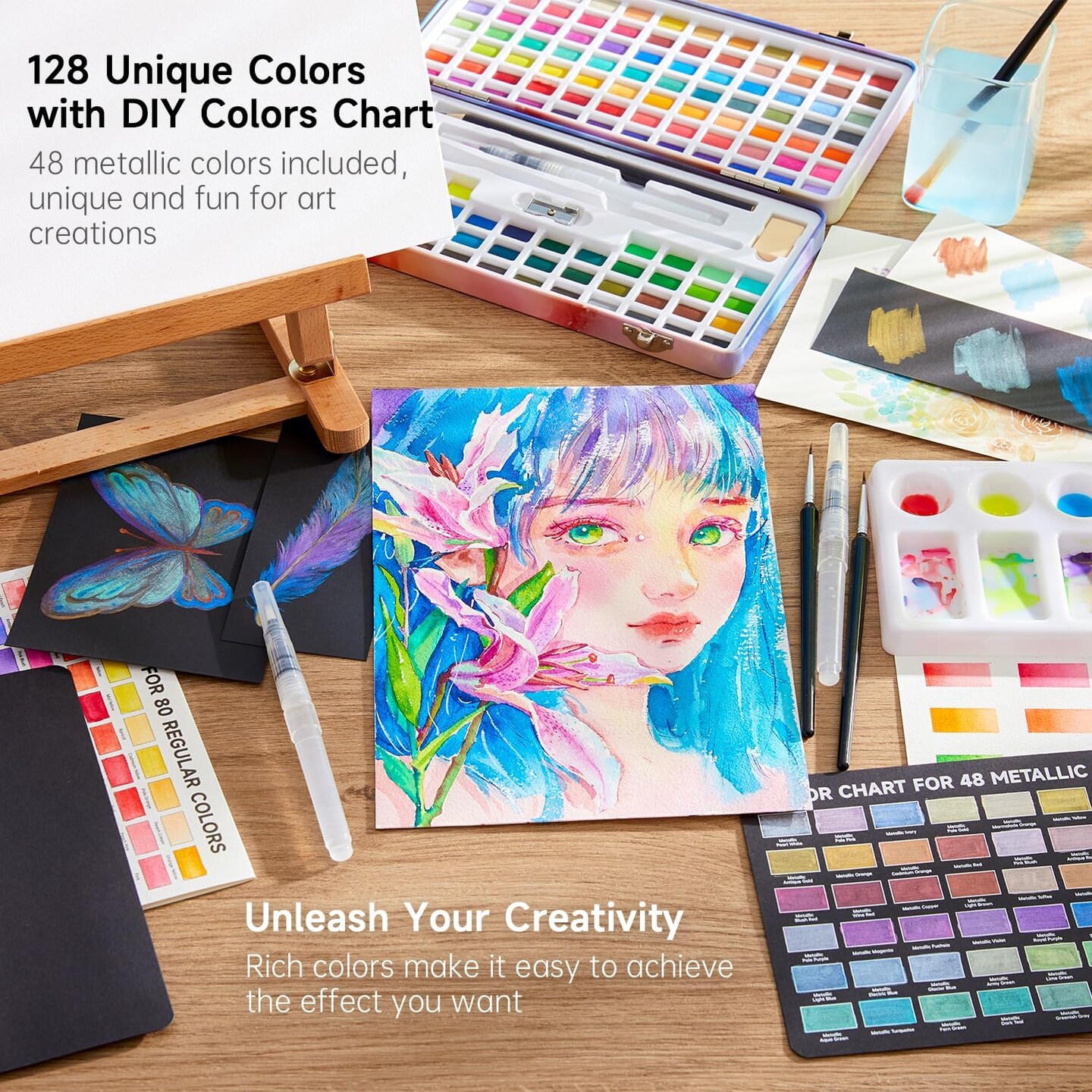 Watercolor Paint Set, 128 Vibrant Colors with Metallic Shades, Travel Water Color Set with Watercolor Brushes, Palette, Watercolor Sketchbook and Coloring Sheets