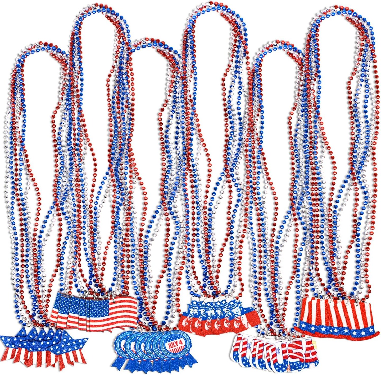 36PCS 4th of July Patriotic Necklaces – Red, White & Blue Beads with Star and Uncle Sam Hat Pendants, Bulk Party Favors for Independence Day, Memorial Day, and Holiday Decorations