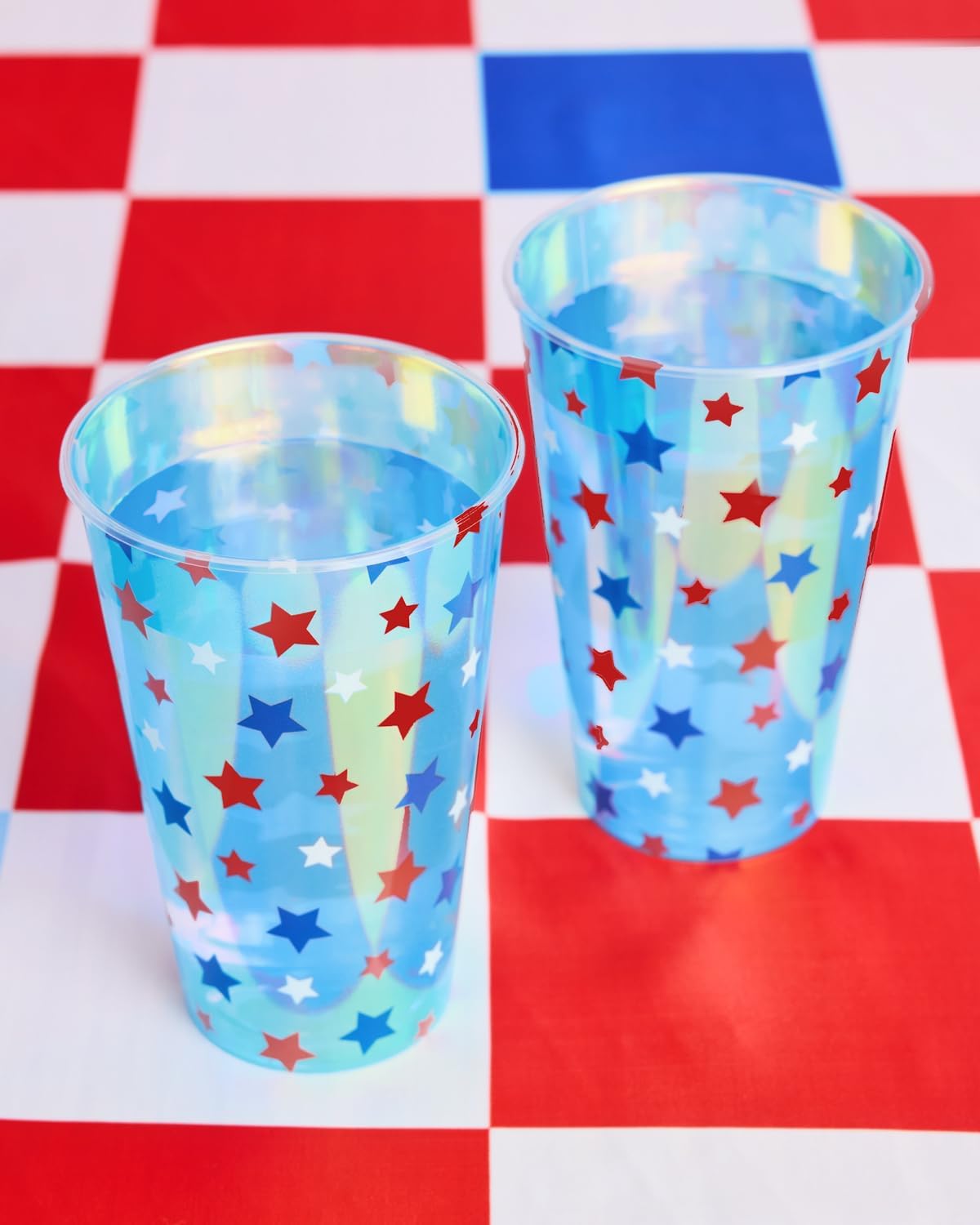 Fetti Fourth of July Party Decorations Iridescent Plastic Cups - 16 Disposable 16 oz Cups | USA Party Favors, American Flag Party Supplies, 4th of July Decorations, Red White and Blue Decor