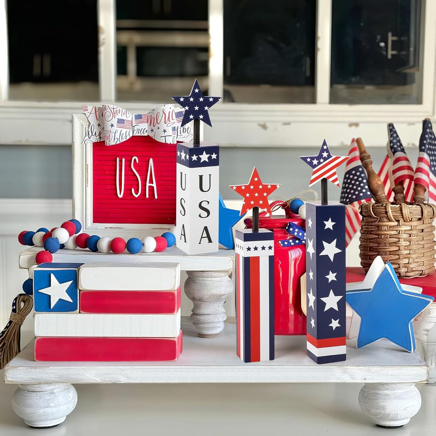 Wooden 4th of July Decorations Set, Red White Blue Decor, Patriotic Memorial Day Tabletop Decor, Labor Day Decorations, Fourth of July Decoration for Home Office Table (Flag Print)