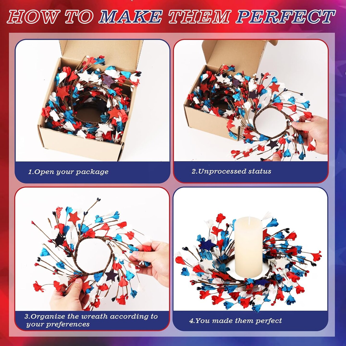 6 Pcs Mini 4th of July Wreaths Patriotic Red White and Blue Candle Rings Independence Day Memorial Day Farmhouse Artificial Garland Pillars Holder Decoration for Table Decor