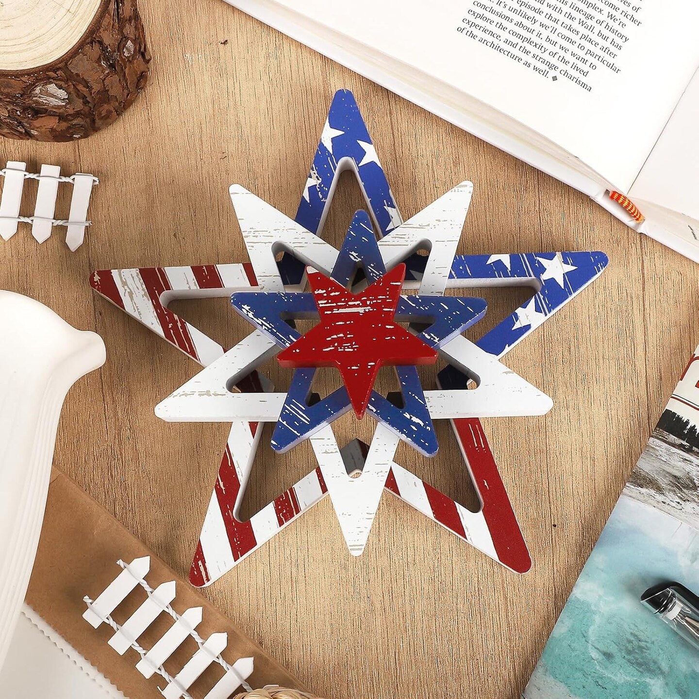 4th of July Patriotic Stars Set of 4 – Red, White & Blue Retro Flag Decor for Home, Office, Table, or Shelf