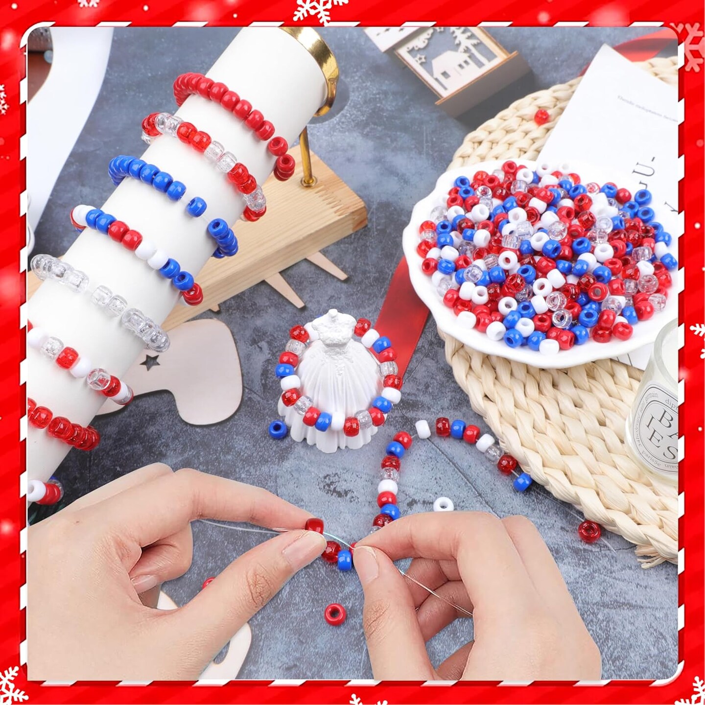 Red White Blue Glitter Pony Beads for Bracelet 1000 Pcs Plastic Beads for Friendship Bracelets 6x9mm Large Hole Beads for Hair Braiding Transparent Beads Necklace Earrings Jewelry Making