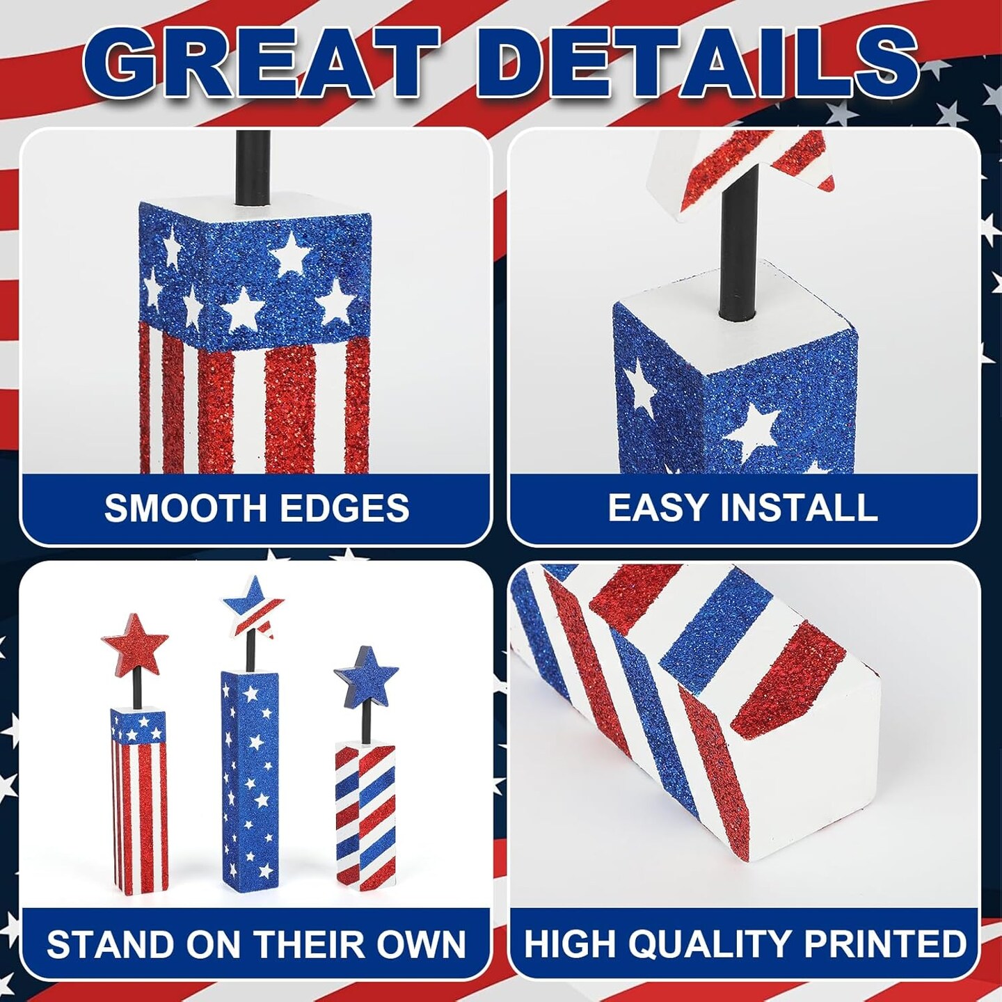 4th of July Decorations Set, Red White Blue Decor, Wooden Patriotic Memorial Day Tabletop Decor, Labor Day Decorations, Fourth of July Decoration for Home Office Table (Flag Shinny)