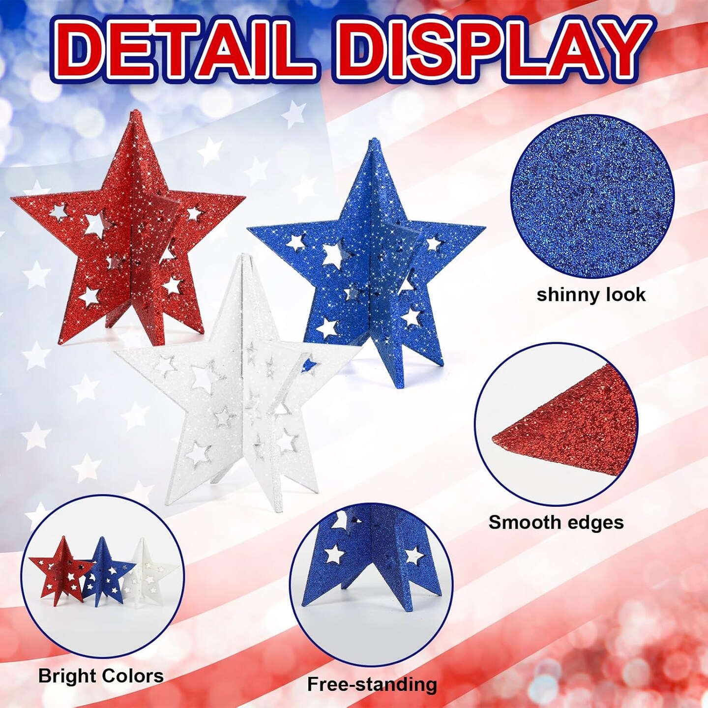 Labor Day Decorations Wooden Stars Set, 3D Glitter Star Memorial Day Tabletop Decor, 4th of July Red White Blue Patriotic Decoration for Home Table Desk Door Shelf (Cutout, Set of 3)