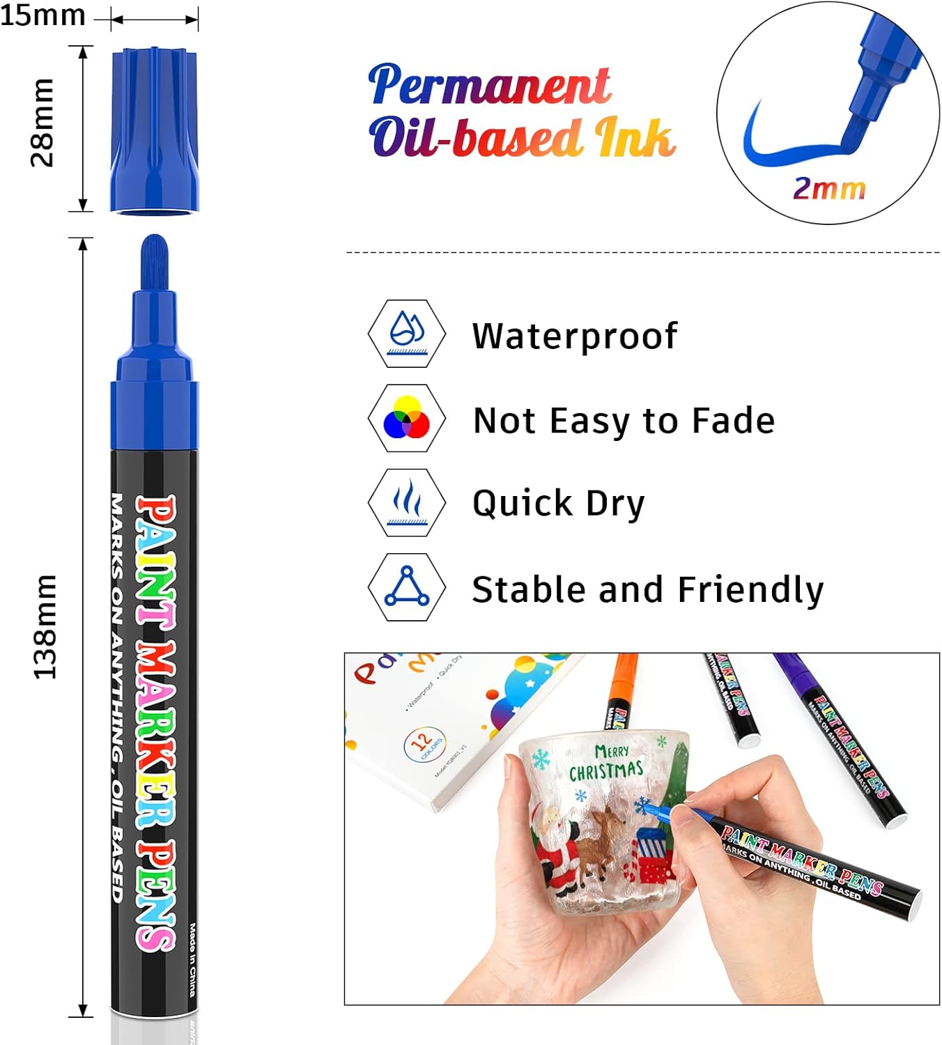 Paint Markers Pens, 12 Colors Oil-Based Waterproof Fancy Paint Markers, Quick Dry Permanent Push Markers Set for Tire, Rock, Wood, Plastic, Canvas, Glass, DIY Craft