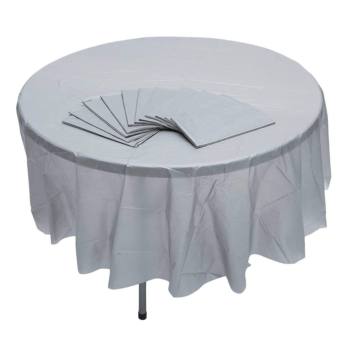 6 Ft. 10&#x22; Bulk 12ct Silver Round Disposable Plastic Tablecloths