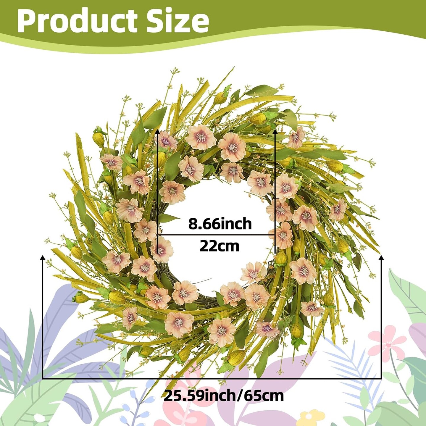 26 Inch Summer Champagne Daisy Wreath for Front Door with Freesia, Baby&#x27;s Breath Floral Wreath for Indoor Outdoor, Home Door Wall Window Wedding Party Festival Decorations