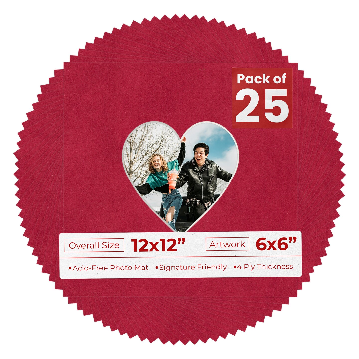 Red Suede Mat Board for 12x12 Frames - Heart Opening for 6x6 Photos