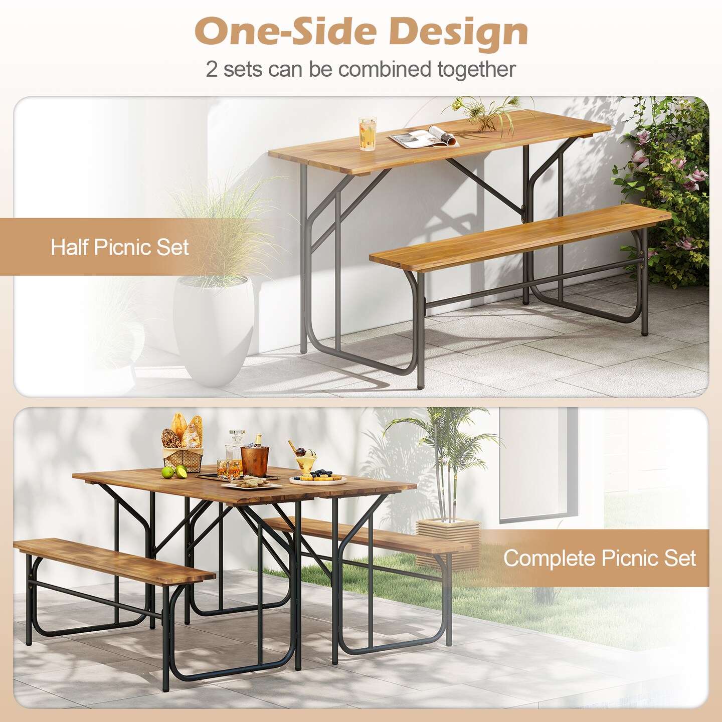 Patio Acacia Wood Picnic Table Bench for Two People, Single-Side Design