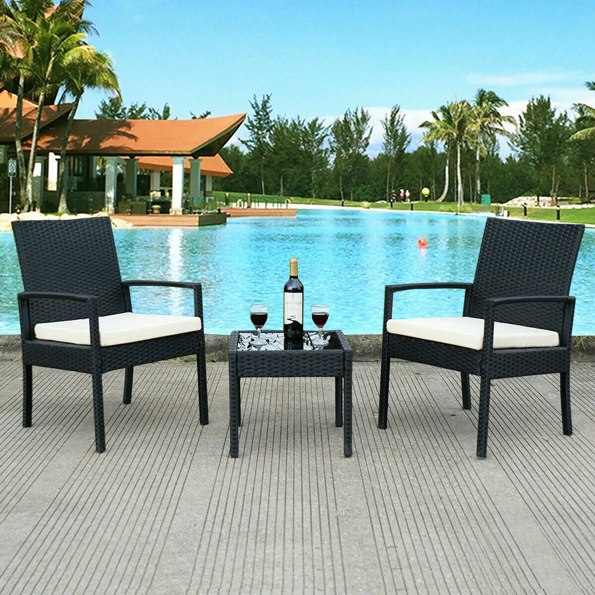 Black-White Rattan Steel 3-Piece Outdoor Patio Set with Cushions and Table
