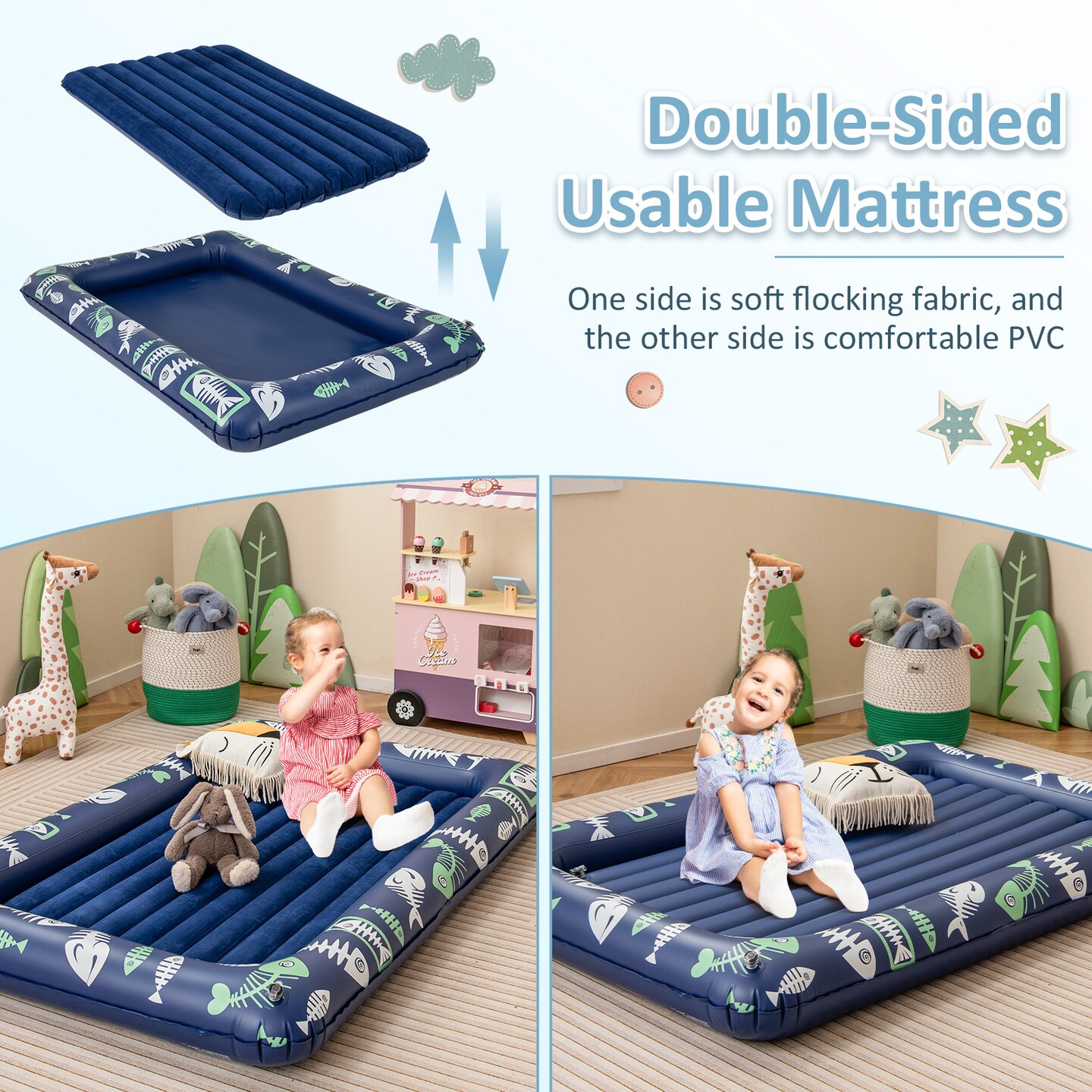 Inflatable kids Bed with Raised Rails, Electric Pump, for Home and Travel
