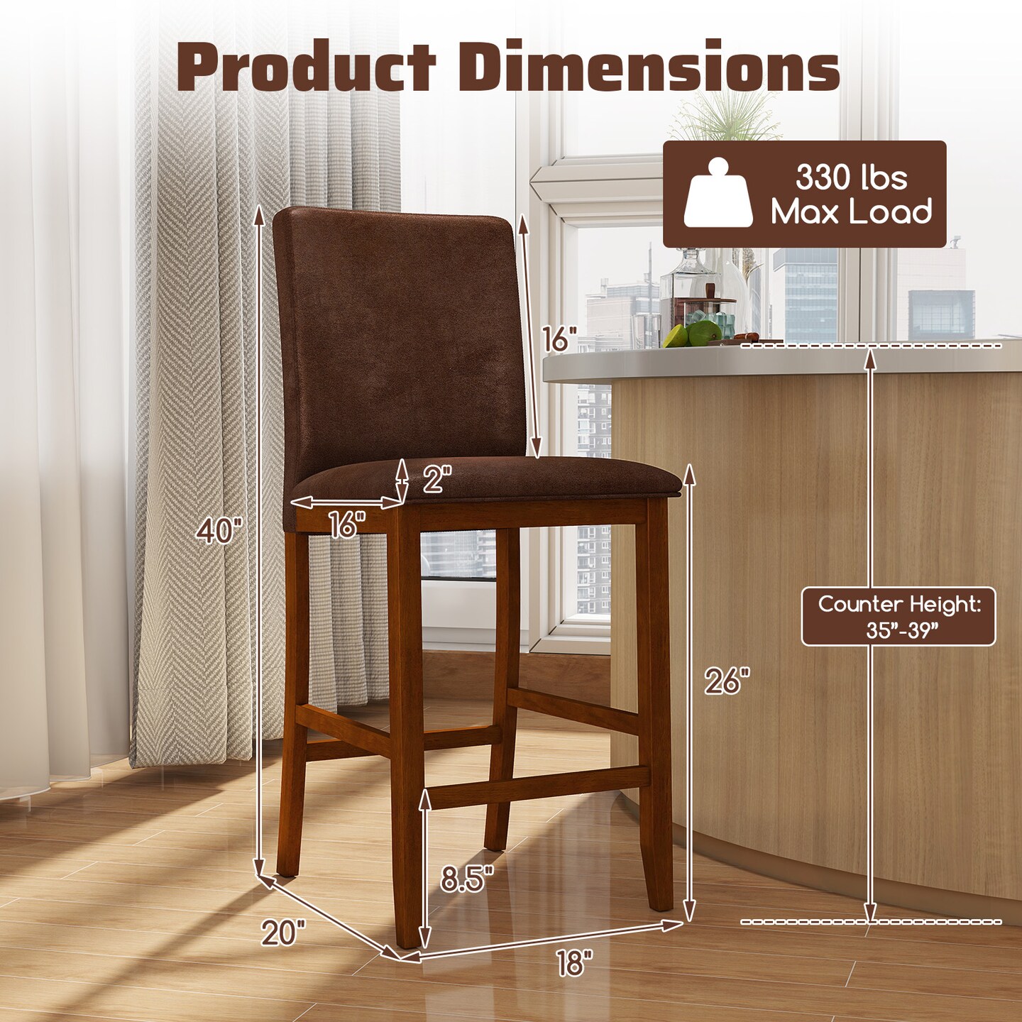 Counter Barstools with Rubber wood Legs and Padded Seats Set of 2